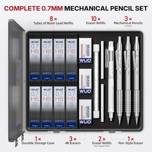 WUO 0.7mm Mechanical Pencil Set, 3 Pack Sliver Metal Drafting Pencils - color: Silver, size: 0.7
