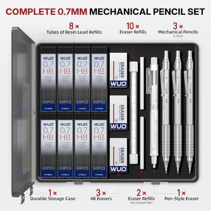 WUO 0.7mm Mechanical Pencil Set, 3 Pack Sliver Metal Drafting Pencils - color: Silver, size: 0.7