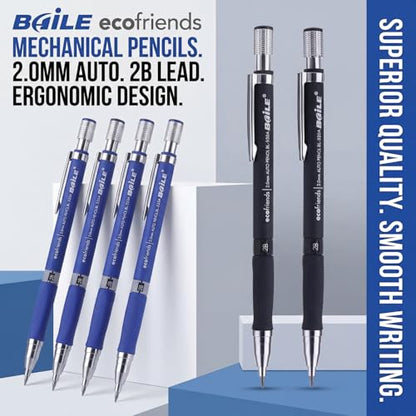 Bememo 2 Pieces Mechanical Pencils 2.0 mm 2B with 2 Case Refills and 2 Pieces Erasers for Draft Drawing, Carpenter, Crafting, Art Sketching (Blue and Black)