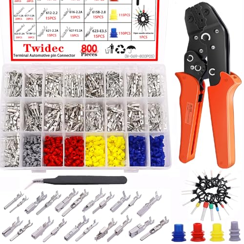 Twidec/800PCS Car Electrical Wire Terminal 21Type 1/1.5/1.8/2.2/2.8/3.5mm Auto Electric Connector Pins Terminal Non-Insulated Plug Removal Male Female Crimp Pins With Crimping Pliers - color: 800PCS + Crimper Tool