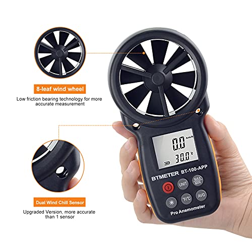 BTMETER BT-100APP Anemometer w/Wireless Bluetooth, Digital Handheld Wind Speed Meter for Wind Chill, Air Velocity, Temperature, Vane Anemometer Gauge - color: BT-100APP Anemometer