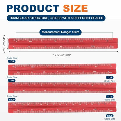 HARFINGTON 2 Pcs Architectural Scale Ruler, 7 Inch Metric Aluminum Alloy Architect Triangular Small Scale Laser-Etched Blueprint Drafting Ruler for Architects Engineers, Red - color: Red, size: 7 Inch