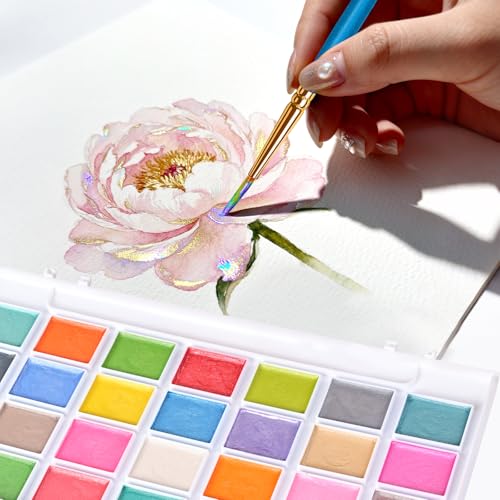 28 Metallic Colors Washable Watercolor Paint Set, with 2 Brushes Pen