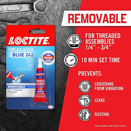 Loctite Threadlocker Blue 242 - Removable Thread Lock Glue for Nuts, Bolts, & Fasteners, Medium Strength Screw Glue to Prevent Loosening & Corrosion - 6 ml, 12 Pack - size: 12 Pack, style: Blue (Removable)