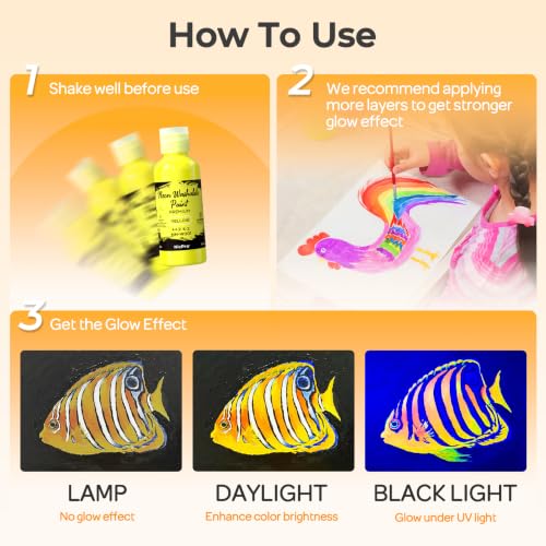 Nicpro 12 Colors Neon Washable Paint Set for Kid 2oz, Glow Under Blacklight - size: 2 Fl Oz (Pack of 12)