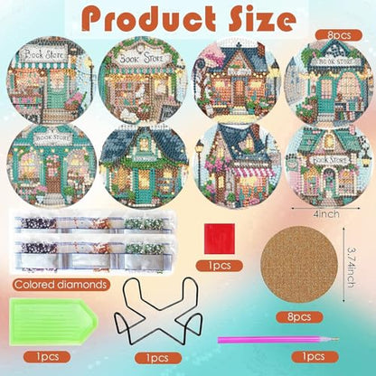 ijbnhd Diamond Art Coasters Kits, 8 Pcs, Book Store, 4x4 inch - color: Book Store