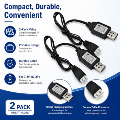 7.4V 1A USB Charging Cable for RC Batteries (2S Lipo), XH-3P Connector, 2-Pack - Works with SCX24, FPV Drones, SplatRBall