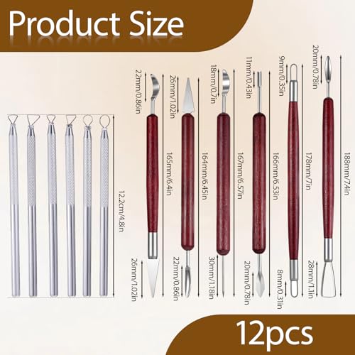 12 PCS Clay Carving Tools, Double-Sided Clay Sculpting Tools Wooden Handle Clays Wire Loop Sculpture Set Clays Pottery Sculpting Tool Set for Ceramic, Carving Modeling - color: Silver + Red