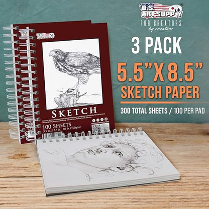 U.S. Art Supply 5.5"x8.5" Sketch Book Pad, Spiral Bound 100 Sheets, 2-Pack - size: 5.5-x-8.5-inch