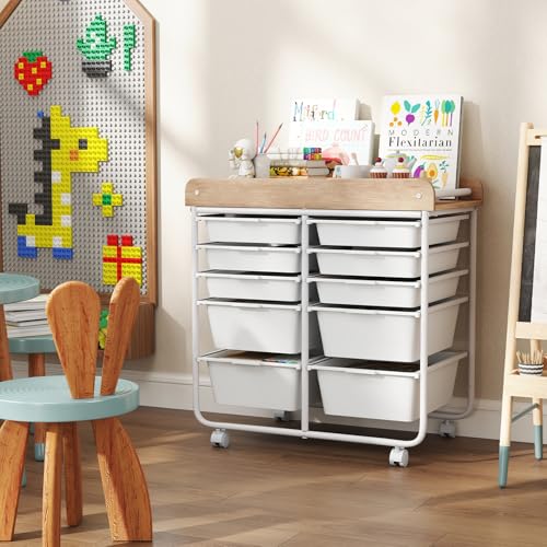 DREAMADE Rolling Storage Cart, 10-Drawer Utility Cart with Tabletop, White - color: White