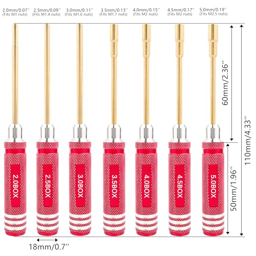 7 Pieces Hex Screwdriver Set 2.0/2.5/3.0/3.5/4.0/4.5/5.0mm RC Socket Wrench Kit Nut Drive for Traxxas Redcat Axial SCX24 Quadcopter Helicopter FPV Drone Car - RC Nut Removal Tools (Red)