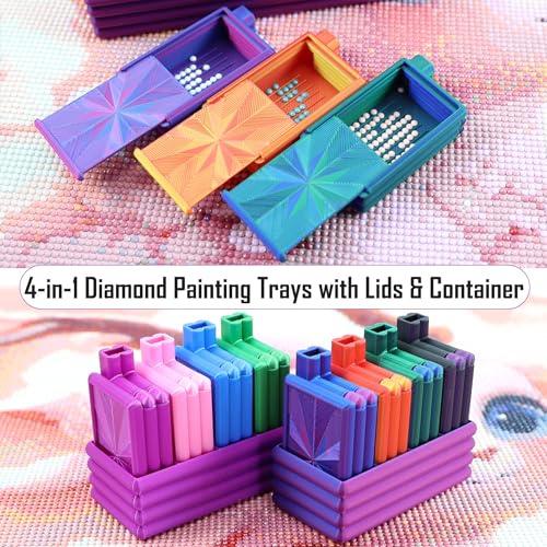 Diamond Painting Trays with Lid, 4Pcs Diamond Art Tray with 4 Compartments Diamond Painting Storage Organizers Case, Tweezers, Brushes, 16pcs Ziplock Pouches Bags for Diamond Art Kit (Pink) - color: Pink