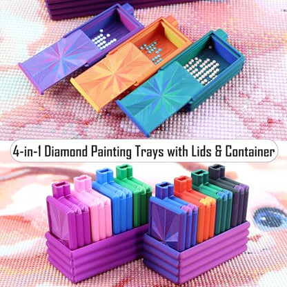 Diamond Painting Trays with Lid, 4Pcs Diamond Art Tray with 4 Compartments Diamond Painting Storage Organizers Case, Tweezers, Brushes, 16pcs Ziplock Pouches Bags for Diamond Art Kit (Pink) - color: Pink