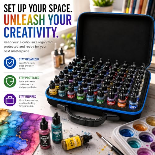 Pixiss Alcohol Ink Storage Carrying Case Organizer, Large Size Stores 60x 0.5-Ounce Bottles of Alcohol Ink, Stickles, Glossy Accents or Reinkers, Travel Case (Ink not Included) - size: 60 Bottle Capacity