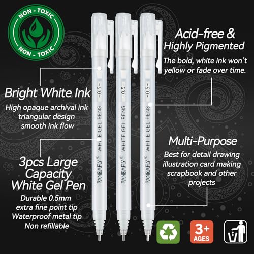 PANDAFLY White Gel Pens, 3-Pack, 0.5mm Fine Point Opaque Gel Ink Pens - style: White-0.5mm