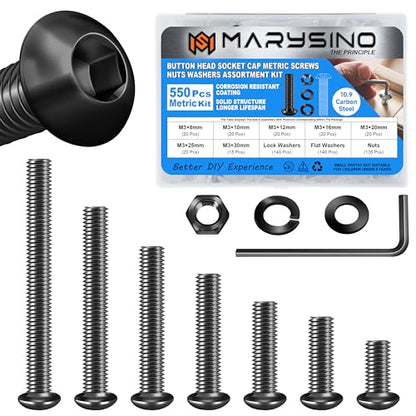 550 Pieces M3 Screw, Button Head Socket Cap Metric Screws Assortment Kit, Grade 10.9 Carbon Steel M3 Bolts and Washers/Nuts/Hex Wrenches, Black Oxided by Marysino - size: 550Pcs M3