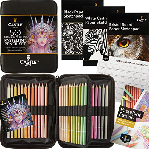 Castle Art Supplies 48 Pastel Colored Pencils for Adults - with Extras