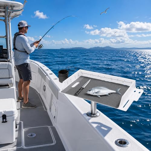 Bait Cutting Board for Boat, HDPE Thickened Bait Table Fishing Filet Board with Tool Slots and Larger Cup Holders, 360° Adjustable Rod Holder, Boat Fish Cleaning Table with Fish Fillet Mat