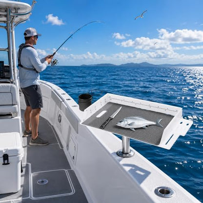 Bait Cutting Board for Boat, HDPE Thickened Bait Table Fishing Filet Board with Tool Slots and Larger Cup Holders, 360° Adjustable Rod Holder, Boat Fish Cleaning Table with Fish Fillet Mat
