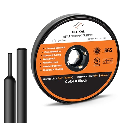 3/4" 19.1mm HELIXAL 3:1 Heat Shrink Tubing Adhesive Dual Wall 30ft Roll - color: 3:1 - Black - Large, size: 3/4" - 30 Feet
