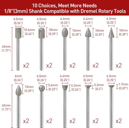 20PCS 120Grit Diamond Grinder Bit Compatible with Dremel Tool - size: 120 Grit 20 Pcs 10 Shapes