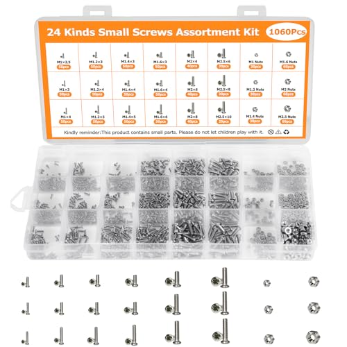 1060Pcs 304 Stainless Steel Metric Micro Screws Nuts Assortment, M1 M1.2 M1.4 M1.6 M2 M2.5 Sizes, Phillips Pan Head, Fully Threaded Kit for Arduino, RC Models, Electronics, DIY Projects