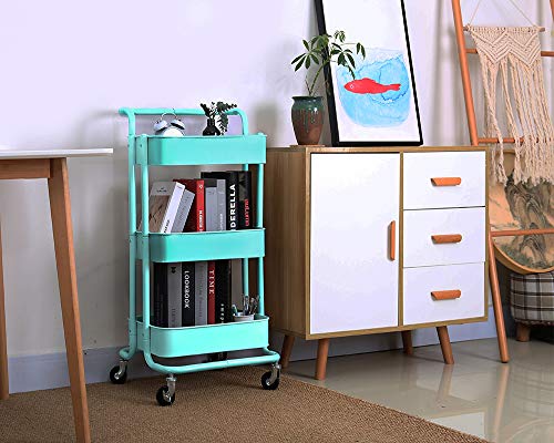 3-Tier Metal Mesh Rolling Cart Storage Organizer with Utility Handle and Wheels, Turquoise - color: A- Turquoise