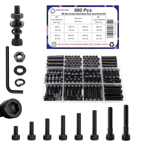 980Pcs M5 Screw Kit, Hex Socket Head Cap M5 Screws, M5 Bolts Nuts Washers - color: Black, size: Black M5 (980 Pcs)