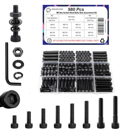 980Pcs M5 Screw Kit, Hex Socket Head Cap M5 Screws, M5 Bolts Nuts Washers - color: Black, size: Black M5 (980 Pcs)