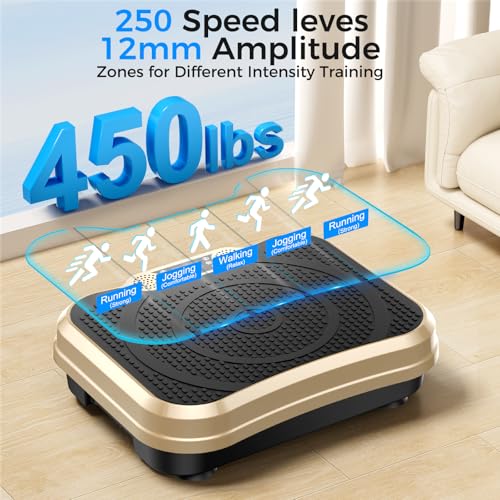 Vibration Plate Exercise Machine,Vibration Plate for Lymphatic Drainage Power Vibration Plate Machine Support 450 Lbs 250 Adjustable Speeds,Vibrating Plate Shake Plate Weight Loss - color: Gold