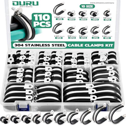 OURU 110PCS Cable Clamps Assortment Kit,Rubber Coated, 1/4"-1-3/4" 10 Sizes - size: 110PCS KIT