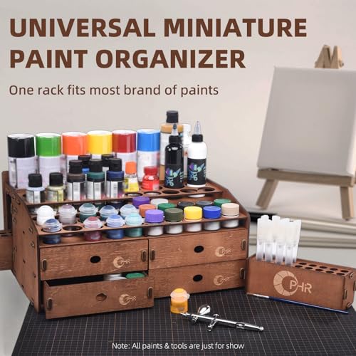 OPHIR Paint Organizer Rack, Wooden Paint Holder with 48 Holes & 4 Drawers