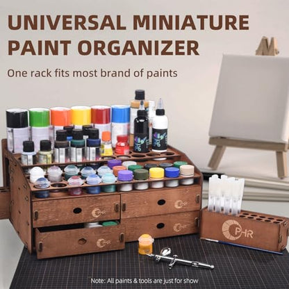 OPHIR Paint Organizer Rack, Wooden Paint Holder with 48 Holes & 4 Drawers
