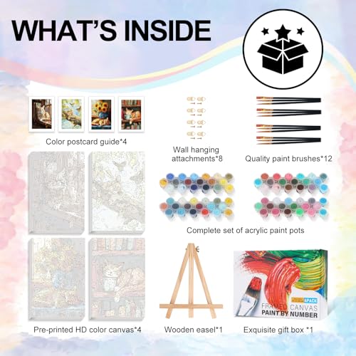 4 Pcs Framed Paint by Numbers Kit for Adults Sleeping Cat with Wooden Easel - color: YOP4P10