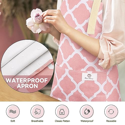 2 Pieces Aprons for Women with Pockets, Cotton Linen Waterproof Kitchen Cooking Aprons, Chef Apronfor Men Women with Adjustable Neck Strap and Long Ties(Pink/Grey) - color: Pink/Grey