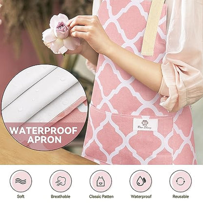 2 Pieces Aprons for Women with Pockets, Cotton Linen Waterproof Kitchen Cooking Aprons, Chef Apronfor Men Women with Adjustable Neck Strap and Long Ties(Pink/Grey) - color: Pink/Grey
