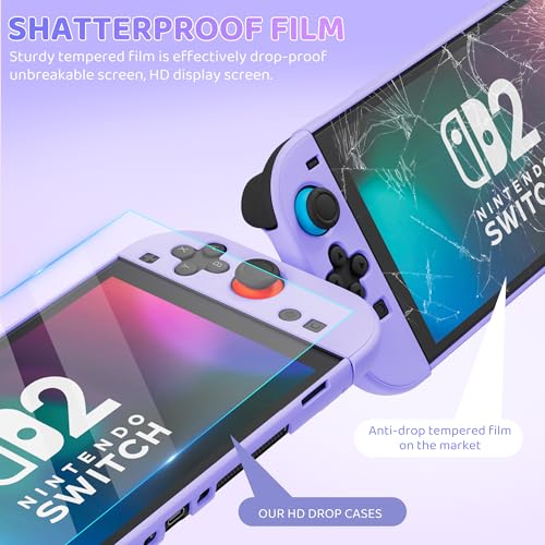 PAWDIARY Purple Switch 2 Carrying Travel Accessories Bag, with Hardshell PC Protective Case Skin for Nintendo Switch 2 Console & Left/Right Controller, HD Screen Protector and 2 Thumb Caps - color: Purple