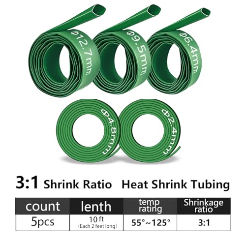 5-Size Heat Shrink Tubing Kit: 3:1 Adhesive Lined, Marine Grade Waterproof, Insulated Sealed, Oil-Proof & Wear-Resistant, 10-Foot Total Length - for Home Use & Industrial Applications (Green) - color: Green