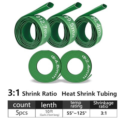 5-Size Heat Shrink Tubing Kit: 3:1 Adhesive Lined, Marine Grade Waterproof, Insulated Sealed, Oil-Proof & Wear-Resistant, 10-Foot Total Length - for Home Use & Industrial Applications (Green) - color: Green
