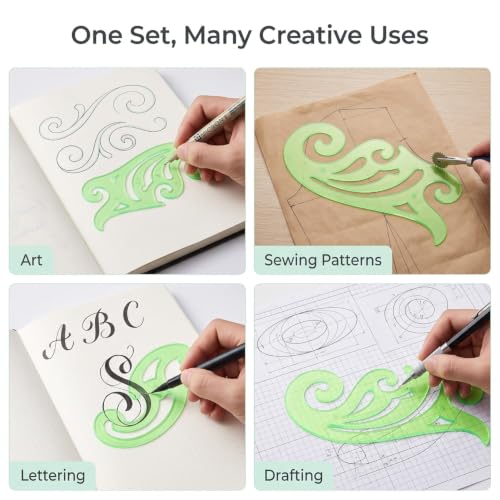 TecUnite 6 Pcs French Curve Rulers Set, Clear Green Plastic Templates