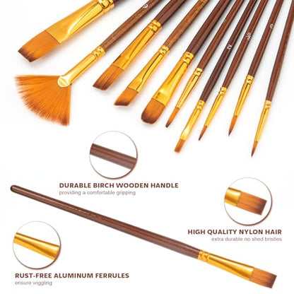 10Pcs Paint Brushes for Acrylic, Watercolor & Gouache Painting, Artists & Beginners