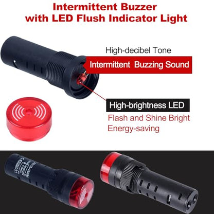2pcs 16mm 12V Buzzer with Red LED Indicator Light Flash Alarm Beep Signal Intermittent Sound - size: 16mm / 12V