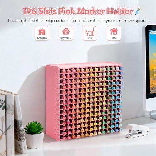 SANFURNEY 196 Slots Marker Organizer Art Marker Holder Pink
