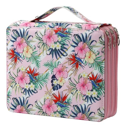 Canvas 120 Slots Pencil Case 3-Layer Zipped Holder w/Handle - color: Pink Flower, size: 120
