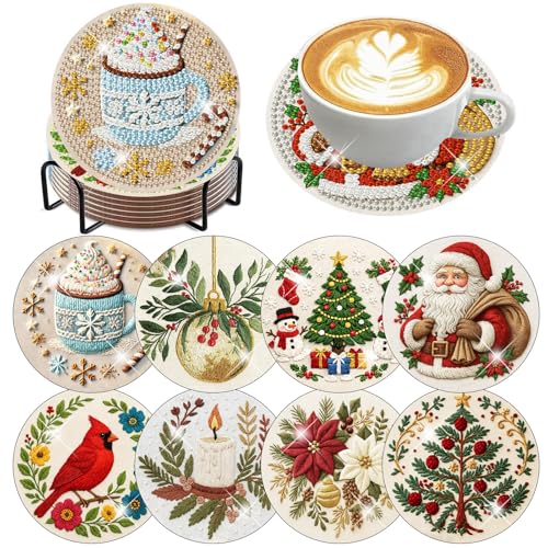 HHMATITS 8 Pcs Christmas Diamond Art Coasters Kit for Adults 4X4IN - color: Christmas