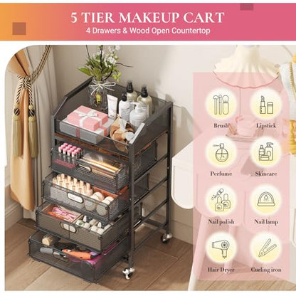 Goovilla Rolling Makeup Organizer Cart with Drawers, 5 Tier Metal, Black - color: Black