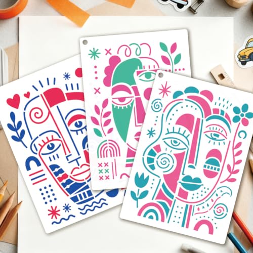 4 Sheets Abstract Face Pattern Stencil for Painting, Modern Geometric Human Face Silhouette Drawing Stencil Reusable Art Template for Painting on Tile Wall Floor Scrapbooking