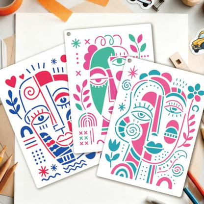 4 Sheets Abstract Face Pattern Stencil for Painting, Modern Geometric Human Face Silhouette Drawing Stencil Reusable Art Template for Painting on Tile Wall Floor Scrapbooking