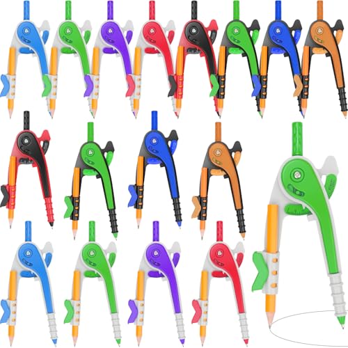16 PCS Math Compass Geometry Math Set 6 Inch Plastic Drawing Compass with Pencils Multicolor for Math Student Classroom School Office Woodworking Art Drawing Studying - style: 16 Pack