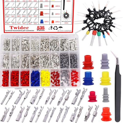 Twidec/535Pcs Car Electrical Wire Terminal Pins Connector Kit 1/1.5/1.8/2.2/2.8/3.5mm 26Type Male&Female Connector Pins Terminal Auto Electric Connectors Non-Insulated Plug Removal Crimp Pins - color: 535PCS